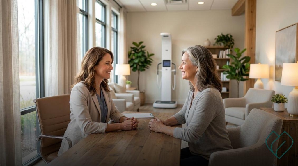 Dra Marcela Rammos Redescubra sua energia, equilíbrio e confiança durante a menopausa Recupere sua energia e autoestima com um tratamento seguro e feito para você!;dificuldade de emagrecer na menopausa